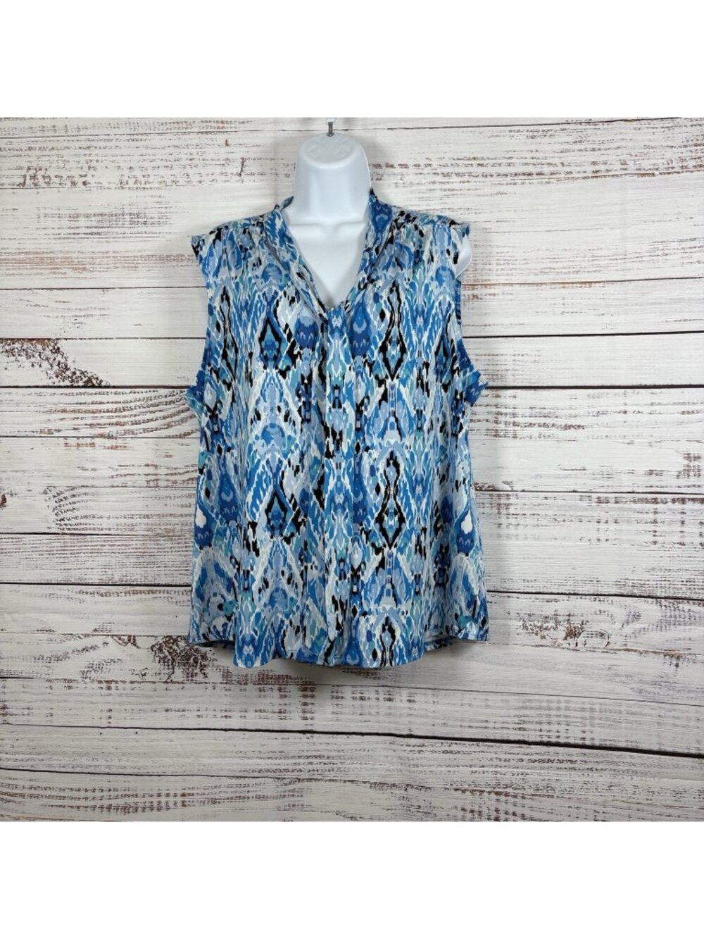 Notations Blue Ikat Print Button Front Tie Neck Sleeveless Blouse